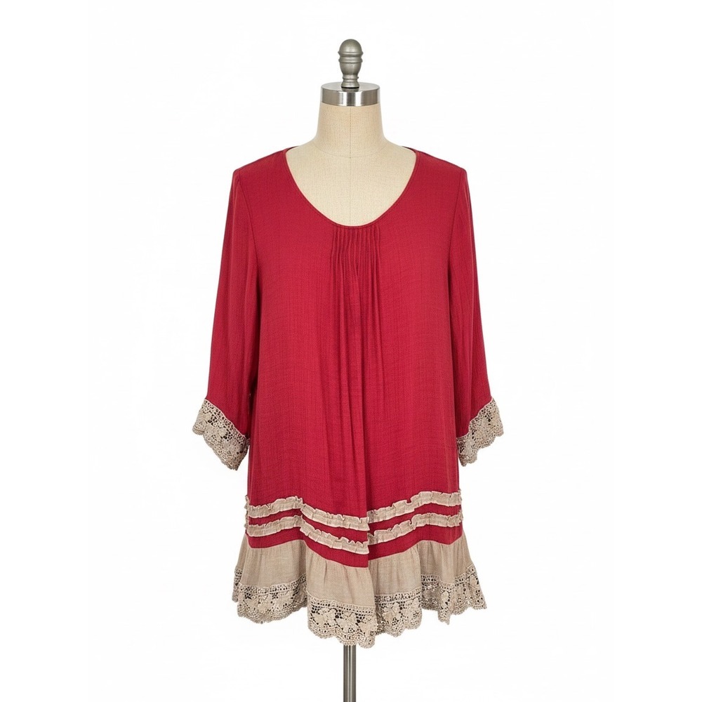 Honeyme Curvy Boho Lace Trim Ruffle Hem Tunic Top Red XL